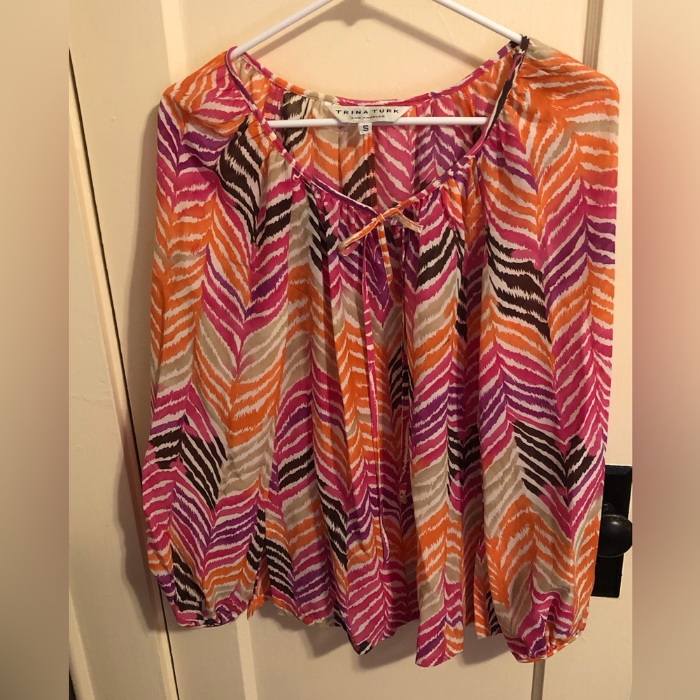 Trina Turk 100% Silk Boho Peasant Blouse On/Off Shoulder SZ S